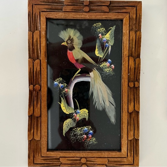 Vintage Bird Paintings Made With Feathers In Ornate Carved Wood Frames - Picture 3 of 7